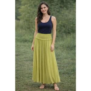 Melanie Lynn Flowy Vibrant Lime Green Maxi Skirt with Smocked Waist - 14